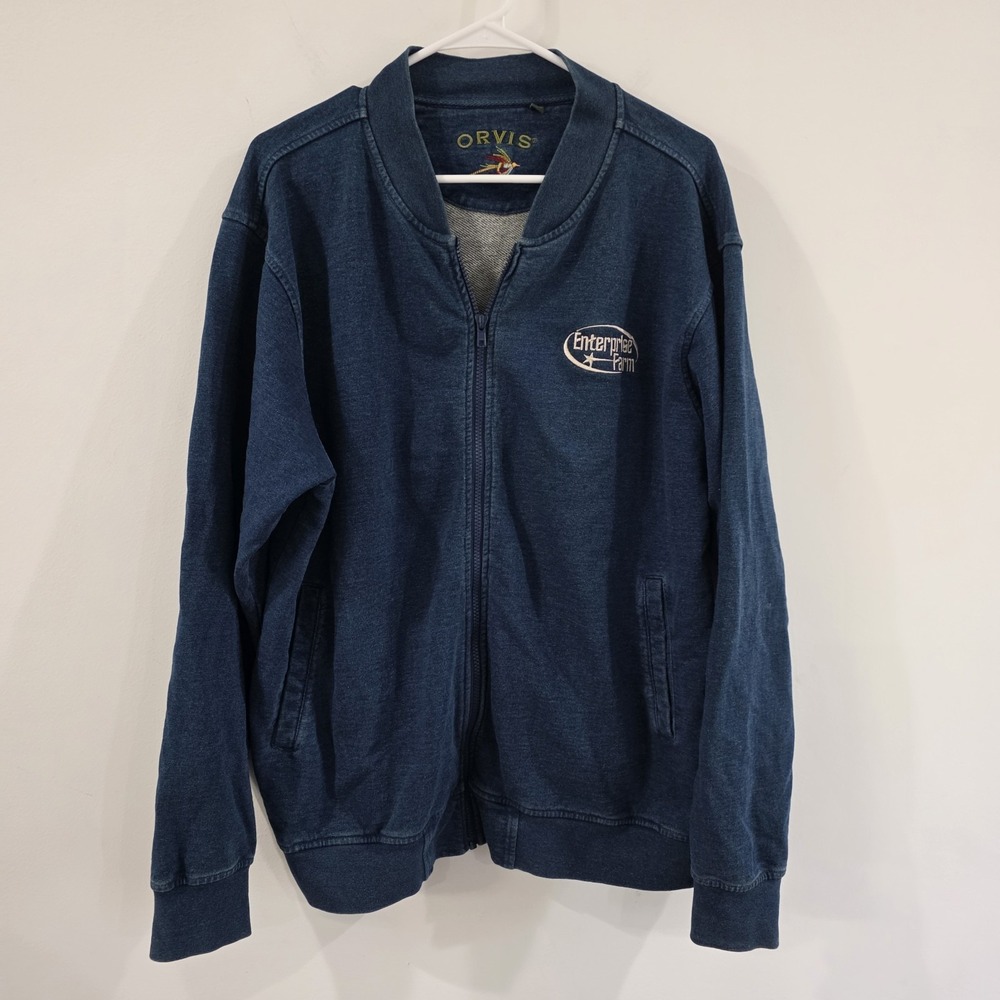 Vintage Orvis Mens Chambray‎ Bomber Zip Up Sweater Size Large Enterprise Farm